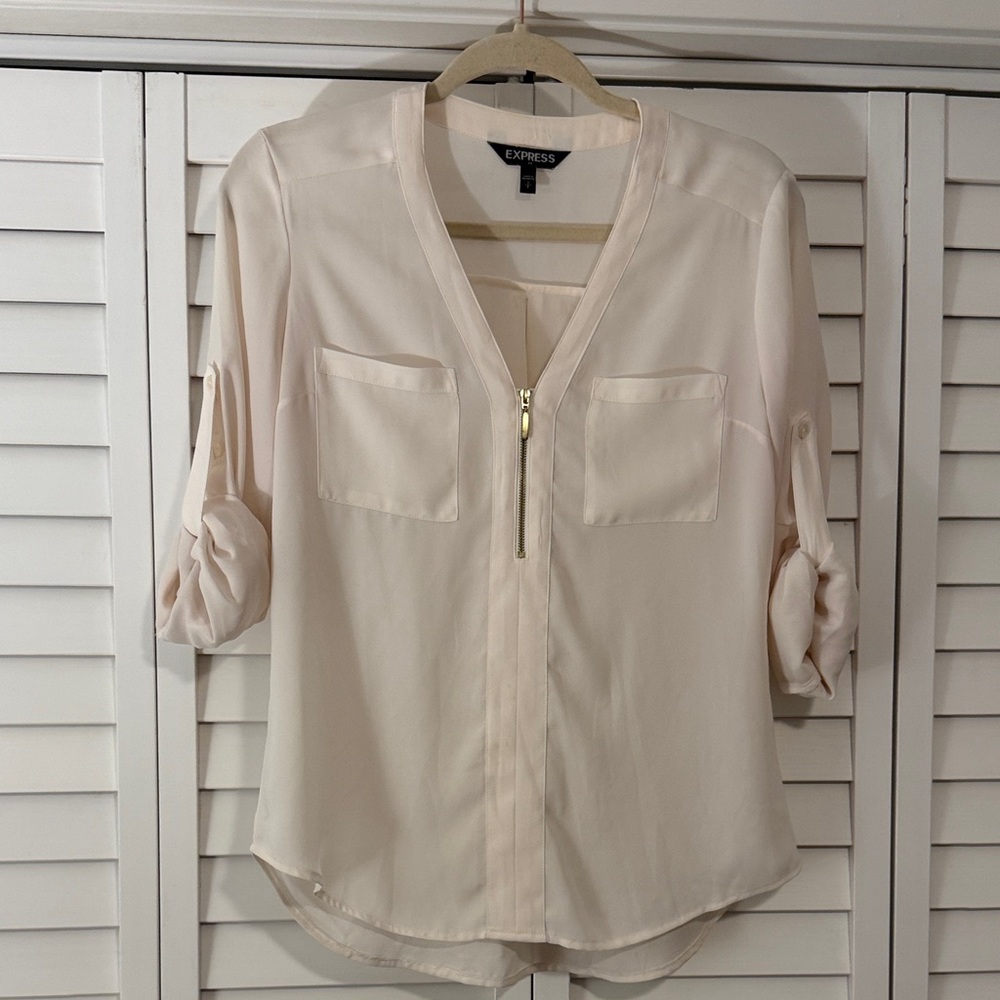 Express Women's Off White Blouse with Zipper Detail and Roll Up Long Sleeves